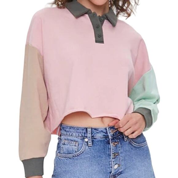 FOREVER 21 Cropped Polo Shirt Long Sleeve Collared Raw Hem Colorblock Pink Small - Picture 1 of 5